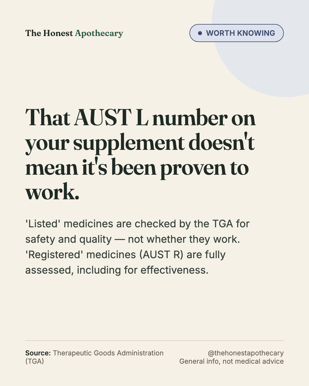 Example post: That AUST L number on your supplement doesn't mean it's been proven to work.